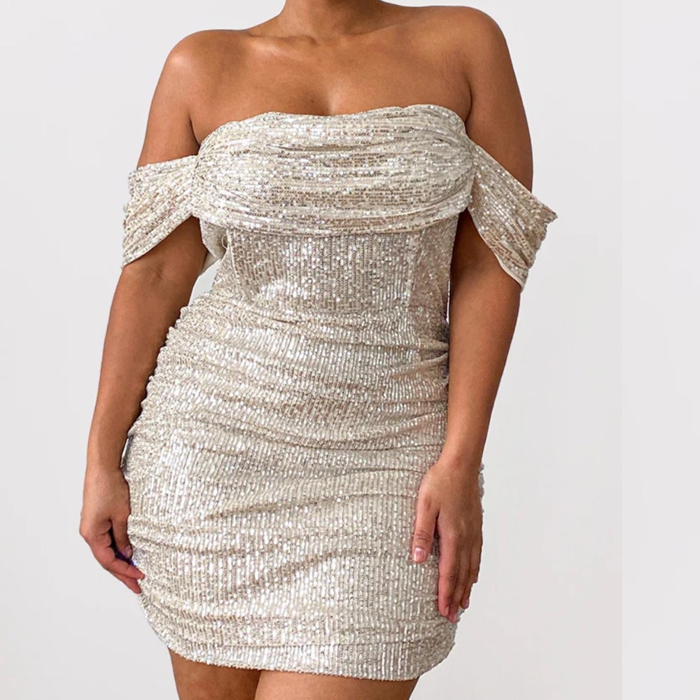 Prettylittlething Off-Shoulder Sequin Dress